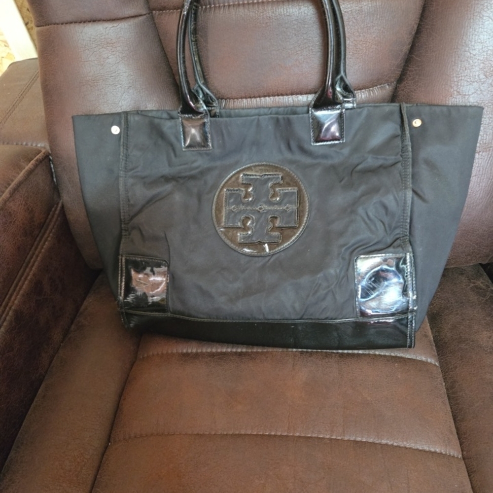 Tory Burch Black Nylon Tote with Patent Trim